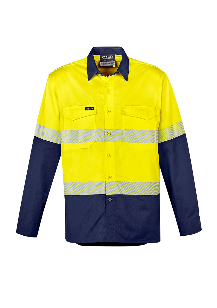 Mens Rugged Cooling Hi Vis Segmented Tape Long Sleeve Shirt - Yellow/Navy