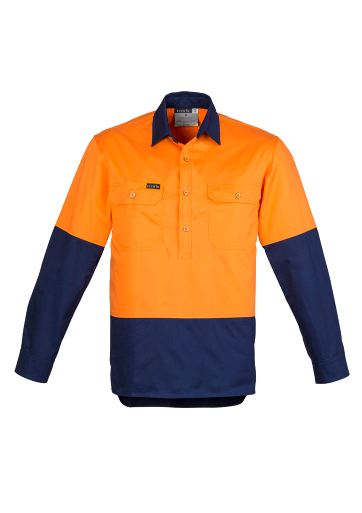 Mens Closed Front Long Sleeve Shirt - Orange/Navy