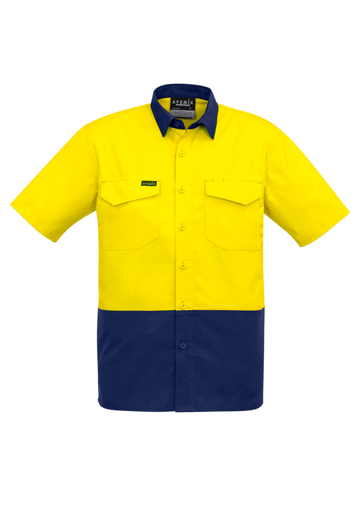 Mens Rugged Cooling Hi Vis Short Sleeve Shirt - Yellow/Navy