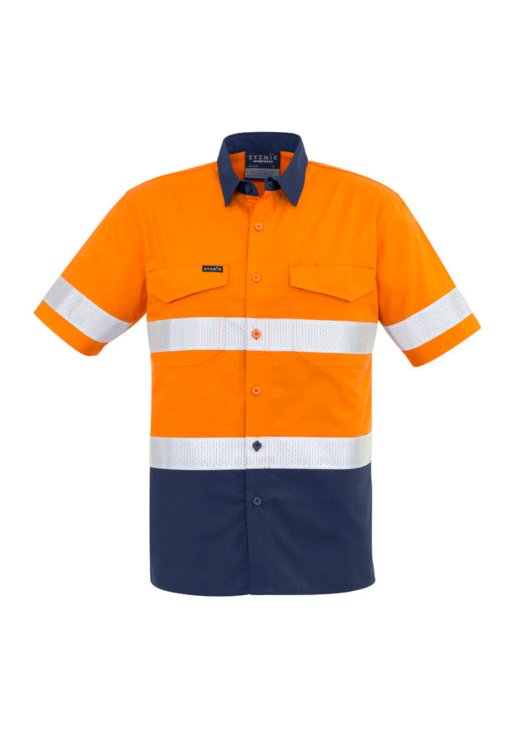 Mens Rugged Cooling Hi Vis Taped Short Sleeve Shirt - Orange/Navy